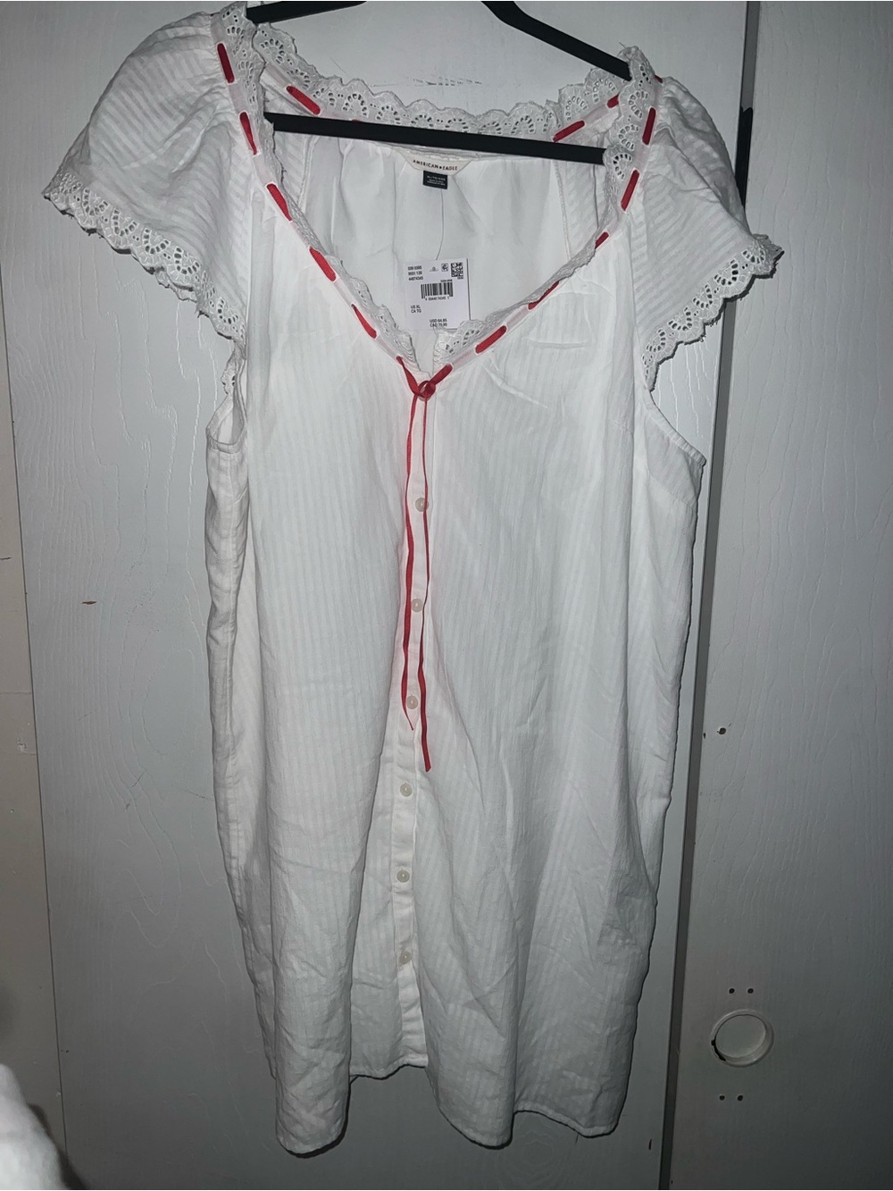 American Eagle Outfitters White Eyelet-Trim Button Tunic with Red Ribbon